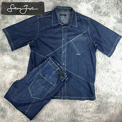 Vintage 2000’s SEAN JOHN Men’s Blue Baggy Denim Button Jeans Shirt Set 2XL 38x30 • $65