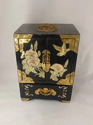 Vintage Chinese Jewelry Box Cabinet In Black Lacquer Inlay Wooden Brass • $120
