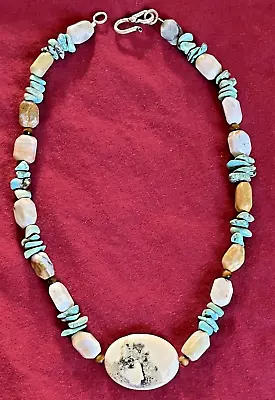 Mixed Semi Precious Gemstones W Turquoise  15 1/2  Choker  Necklace W/ Pendant • $15