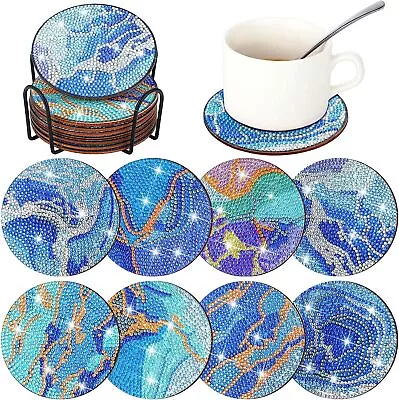 8 Pcs Diamond Coasters Blue Marble Ocean Diamond Art Coasters With Holder • $36.99