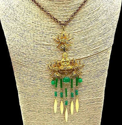 Vtg. ART Arthur Pepper Buddha & Goddess Kali Dangle Pendant Necklace Faux Jade • $79