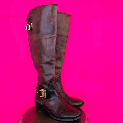 Vince Camuto Basira Brown Leather Block Heel Knee High Riding Boot Size 6.5M 36. • $29.97