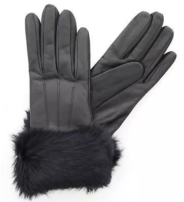 Coach 83731 Womens Rabbit Fur Cuff Leather Merino Wool Lined Winter Gloves Black • $69.99