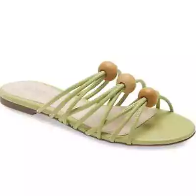 Schutz Women's Sandals Aster Sz 6.5 Strappy Slide Wood Beaded Slip On Green Flat • $38.25