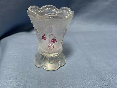 Opalescent Carnival Glass Toothpick Holder Ruffled Rim Red Cherry Pattern (628 • $8.99