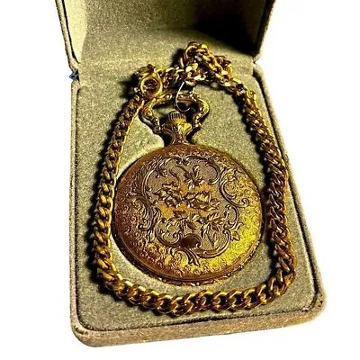 Vintage Majestron Quartz Pocket Watch Goldtone With Chain And Box • $50