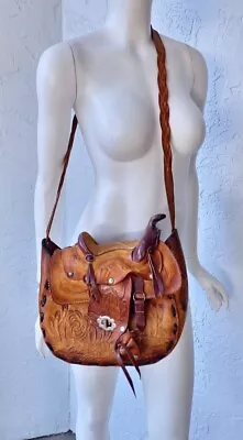 Vintage 70s Tooled Leather Horse Saddle Shoulder Bag Western Purse Brown Mexico • $97.65