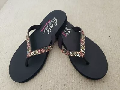 Skechers Yoga Foam Sandals 8 Cali Midnight Blue Rhinestones Accent Flip Flops • $9