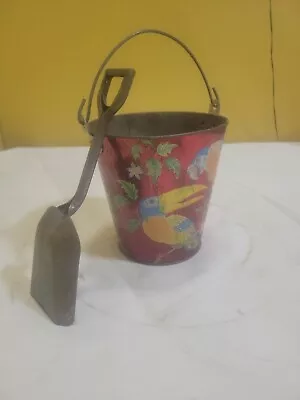 Vintage Toy Metal Beach Bucket Sand Pail Parrots Birds USA OHIO ART & Shovel  • $29.60