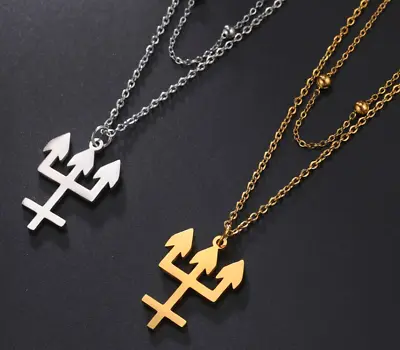 Punk Goth Trident Inverted Cross Stainless Steel Charm Chain Pendant Necklace • £19.23