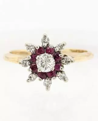 14K 3.3g Yellow Gold Ruby And Diamond Starburst Halo Dainty Cute Ring Size-6.5 • $305.99