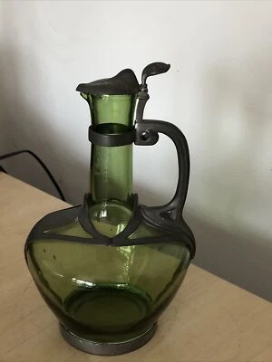 £29 • Buy Antique Art Nouveau Green Glass & Pewter Claret Jug @ 1900