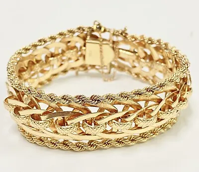 Vintage 14kt Gold Double Woven Wide Rope Edge Heavy Link Charm Bracelet 41.9g • $4500