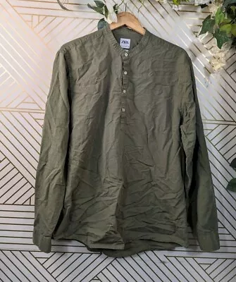 ZARA Men's Relaxed Fit Green Half Button Up Shirt Long Sleeve Cotton Size XL • $19.99