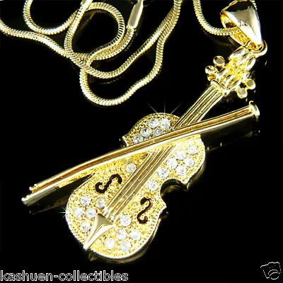 Gold Pl Fiddle VIOLIN Bow Made With Swarovski Crystal Music Musical Necklace New • $43