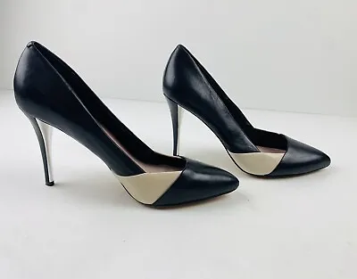 Vince Camuto Heel Two Toned Leather Sz 10 Black Cream W 4” Heel Silver Accent • $16.99