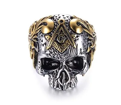 Stainless Steel Gold IP Masonic Skull Ring - Freemason 2 Tone Men Biker Ring  • $10.99