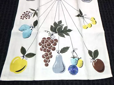 NOS Vtg Prints Charming 100% Linen Kitchen Tea Towel MOD Fruits Aqua Yellow • $32