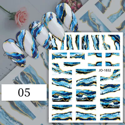 Nail Sticker Blue Green Marble Gold Flake Line Decals Nail Art Decoration DIY  • $1.23