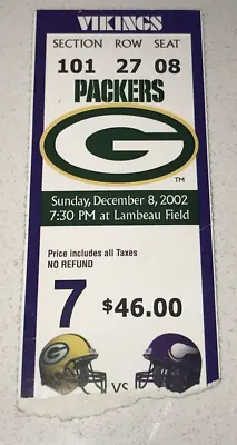 12/8/02 Vikings NFL Packers Lambeau MOSS TD Favre TD #310 #311 Ticket Stub • $18.74