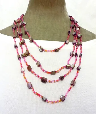 26  Long Multi 4 Row Lilac Glass Pearl Shell Pink Bead Necklace  • £9.99