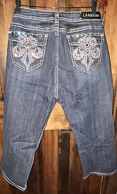 Women’s LA Idol Thick Stitch Rhinestone Blue Denim Capri Jeans Size 19 Cute! • $7.99