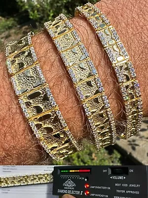 Moissanite Men's Real 14k Gold Plated 925 Silver Iced Nugget Bracelet 8mm-16mm • $299.65