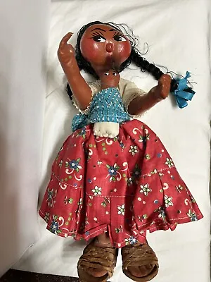 Vintage Mexican Folk Art Doll Oil Cloth Paper Mache Hand Made Painted W BABY • $10.99