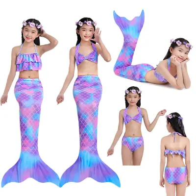 3PCS Girls Mermaid Tails Swimsuit Bikini Set Swimming Pool Swimmable Costume UK • £10.32