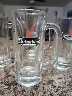 VTG HEINEKEN BEER MUG STEIN HEAVY GLASS WINDMILL LOGO 6.5  TALL 12 OZ Lot Of 4 • $20