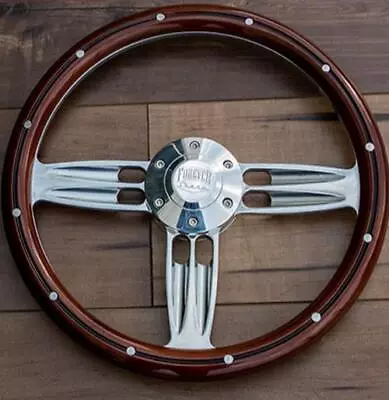 14  Inch Polished & Wood Steering Wheel With Billet Horn - 6 Hole Chevy C10 • $163.93