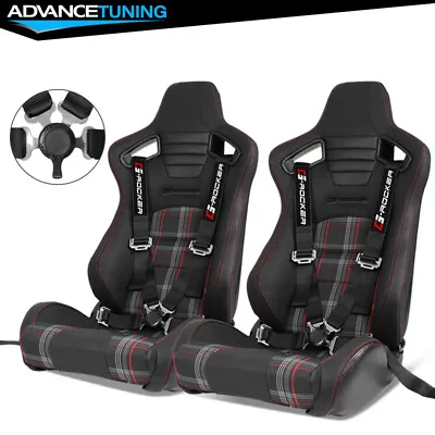 Universal Reclinable Black Racing Seat Red Plaid + Dual Slider Cam-lock Belt X2 • $405.99