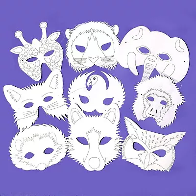 Set Of 9 Children's Card Animal Face Masks - Plain Ready To Colour-in - Party • £3.80