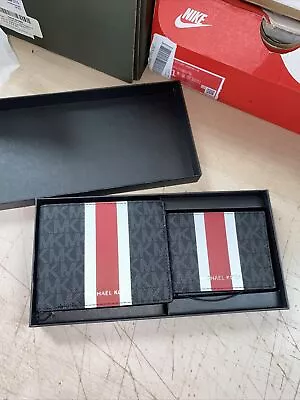 Michael Kors Mens Black & Chili Red Logo Stripe 3 In 1 Billfold Wallet Box Set • $50