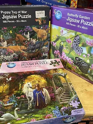£7.99 • Buy 3 X 500 Piece Puzzle World Jigsaws Butterfly Garden, Puppy Tug Of War & Princess