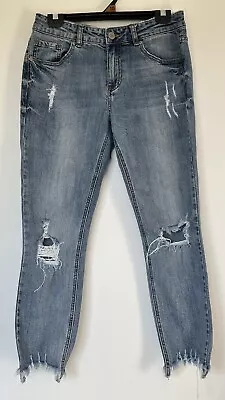 Decjuba Denim Jeans Womens 10 Skinny Slim Fit Distressed Raw Hem Ripped • $19.95