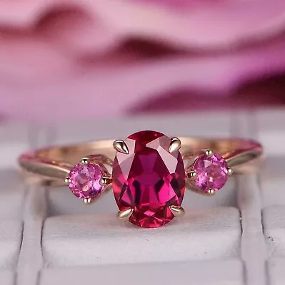 1.60Ct Oval Cut Lab-Created Red Ruby & Pink Sapphire Ring 14K Rose Gold Plated • $147.99