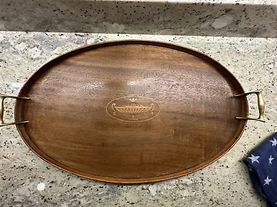Antique Edwardian Oval Serving Tray Mahogany W/ Inlaid Maple & Brass Handles • $135