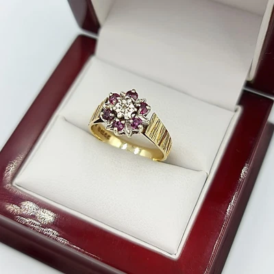 £105 • Buy 9ct Yellow Gold Ruby & Diamond Flower Ring - Size P