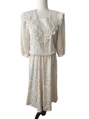 Vintage Ivory Dress Edwardian Victorian Big Collar Downton Abbey Medium FLAW • $29