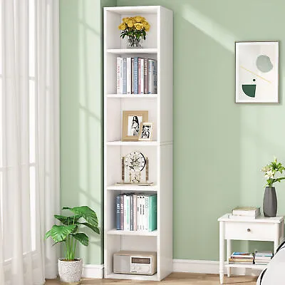 180cm Tall Narrow Bookcase Modern Bookshelf White Wood Slim Storage Shelf Cubes • £78.98