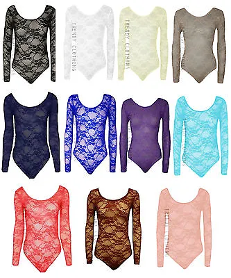 Womens Long Sleeve Lace Floral Bodysuit Stretch Ladies Leotard Body Top • £4.99
