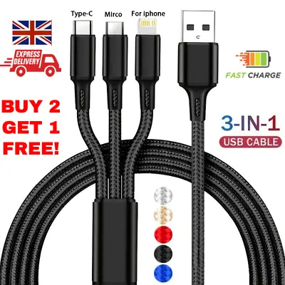 HeavyDuty 3 In 1 Multi USB Charger Charging Cable For  Type-C IPhone USB Micro • £3.09