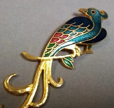 Vintage Gold Tone Metal Cloisonne Enamel Peacock Bird Brooch Pin Stunning Colors • $15.95