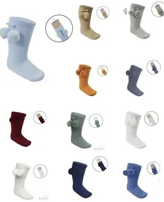 Baby Socks Knee High Pom Pom Knit White Blue Grey Navy Beige Burgundy 0 6 12 24m • £3.89