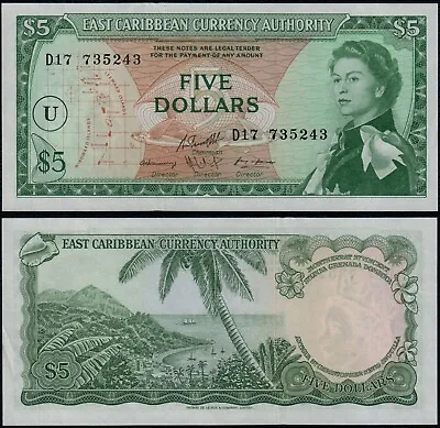 EAST CARIBBEAN STATES 5 DOLLARS (P14o) N. D. (1965) QEII OVERPRINT U AUNC • £80