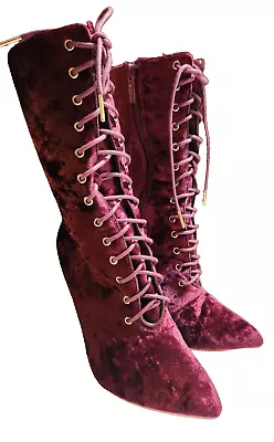 Freya Crushed Velvet Boots Tie And Zip Up. Size 6.5 Burgunday • $11