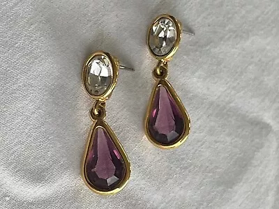 Vintage Monet Gold Tone Purple Clear Stones Drop Dangle Earrings Signed • $19.99