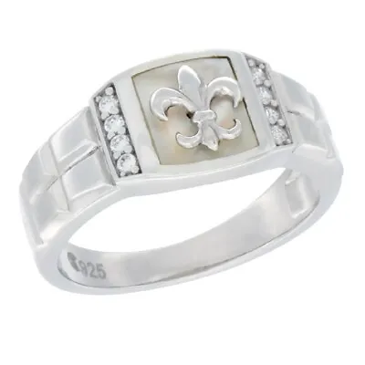 Men's Sterling Silver Square Ring W/ CZ Stones & Fleur De Lis On Mother Of Pearl • $45.99