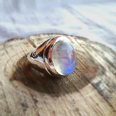 Natural Rainbow Moonstone With 14K White Gold Plated Silver Ring For Men's #1061 • $93.44